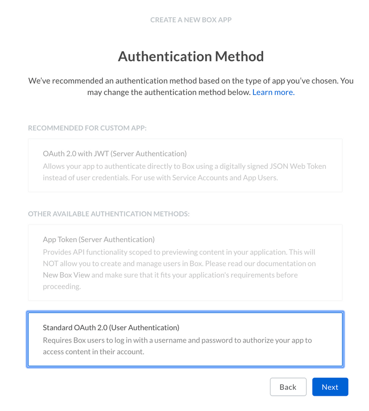 Auth selection screen